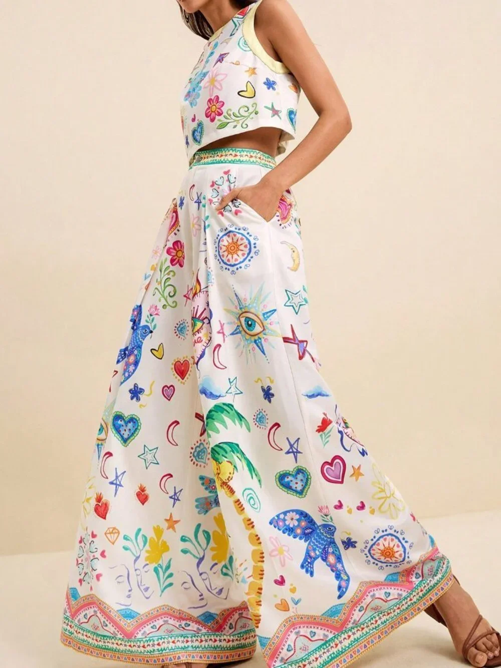 Multicolor Boho Women's Tropical Print Crop Top & Wide Leg Pants 2-Piece Set - Picture 8 of 9